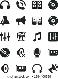Solid Black Vector Icon Set - bell vector, loudspeaker, silent mode, drum, headphones, microphone, music, CD, regulator, phone call, megaphone, pc card, speaker, settings