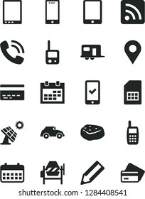 Solid Black Vector Icon Set - calendar vector, bank card, rss feed, toy phone, concrete mixer, smartphone, piece of meat, big solar panel, retro car, SIM, location, pencil, call, mobile, tablet pc