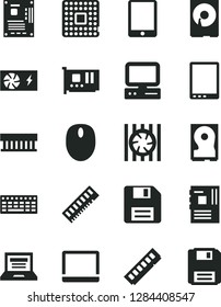 Solid Black Vector Icon Set - floppy disk vector, laptop, processor, computer, tablet pc, notebook, radiator fan, mouse, keyboard, power supply, motherboard, memory, card, hdd