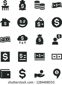 Solid Black Vector Icon Set - purse vector, coins, denomination of the dollar, article on, financial item, catch a coin, dollars, cash, money rain, mortgage, bag, column, wallet, eyes, dialog, pin