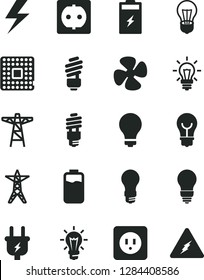 Solid Black Vector Icon Set - lightning vector, matte light bulb, saving, power socket type b, fan screw, charge level, charging battery, line, pole, plug, energy, processor, electricity
