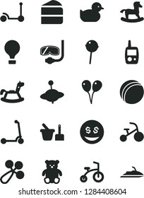Solid Black Vector Icon Set - baby rattle vector, duckling, bath ball, toy mobile phone, sand set, small teddy bear, yule, rocking horse, colored air balloons, child bicycle, tricycle, Kick scooter