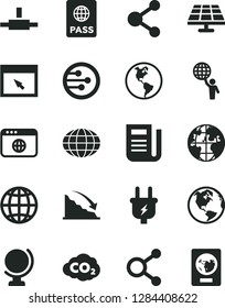 Solid Black Vector Icon Set - globe vector, earth, passport, solar panel, planet, plug, carbon dyoxide, connection, connections, recession, newspaper, network, browser, connect, man hold world