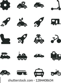 Solid Black Vector Icon Set - truck lorry vector, Baby chair, motor vehicle present, tricycle, child Kick scooter, car, delivery, environmentally friendly transport, electric, retro, autopilot, bus