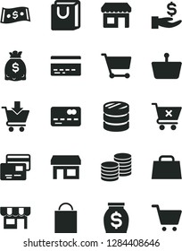 Solid Black Vector Icon Set - paper bag vector, bank card, put in cart, crossed, with handles, cards, kiosk, coins, stall, shopping basket, front of the, column, get a wage, money, dollars, dollar