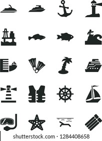 Solid Black Vector Icon Set - anchor vector, small fish, sea port, lighthouse, coastal, sail boat, hotel, beach, palm tree, starfish, flippers, diving mask, surfing, handwheel, life vest, jet ski