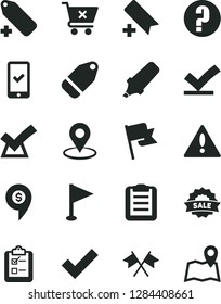 Solid Black Vector Icon Set - warning vector, add bookmark, check mark, label, pennant, question, flag, crossed cart, survey, geolocation, text highlighter, sale, clipboard, cross flags, vote, map