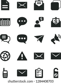 Solid Black Vector Icon Set - warning vector, envelope, scribbled paper, received letter, speech, survey, copy, wall calendar, mobile phone, network, mail, dialog, plane, money, loudspeaker