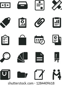 Solid Black Vector Icon Set - paper bag vector, scribbled, sample of colour, writing accessories, electronic boiler, drawer, notes, with handles, survey, clip, label, magnifier, statistical report