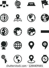 Solid Black Vector Icon Set - minus vector, map, globe, earth, flag, planet, location, geolocation, hierarchical scheme, core, man hold world, dollar pin, taxi, compass
