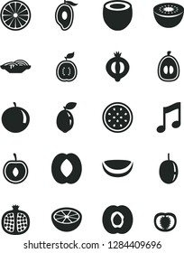 Solid Black Vector Icon Set - music vector, slices of onion, half apricot, pomegranate, medlar, mango, peach, tangerine, loquat, cherry, passion fruit, kiwi, sour lime, orange, guawa, piece coconut