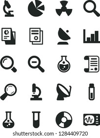 Solid Black Vector Icon Set - magnifier vector, zoom out, negative histogram, round flask, radiation, satellite dish, antenna, ring diagram, pie charts, statistical research, article, test tube