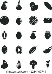 Solid Black Vector Icon Set - lettuce in a plate vector, cucumber, pineapple, pear, raspberry, tasty, delicious plum, passion fruit, sweet date, yellow lemon, half of, tamarillo, grapefruit, onion