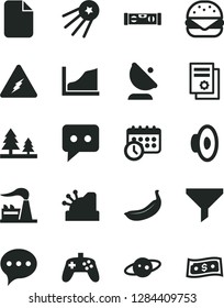 Solid Black Vector Icon Set - loudspeaker vector, building level, speech, big burger, banana, factory, forest, satellite antenna, filter, scientific publication, cashbox, think, joystick, file
