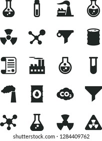 Solid Black Vector Icon Set - round flask vector, manufacture, factory, oil, barrel, industrial building, radiation, carbon dyoxide, filter, water, research article, test tube, molecule, nuclear