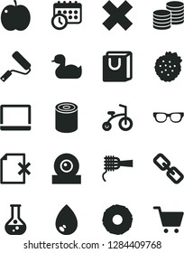 Solid Black Vector Icon Set - spectacles vector, cross, rubber duck, child bicycle, new roller, drop, delete page, bag with handles, coins, tin, noodles, strawberries, apple, slice of pineapple