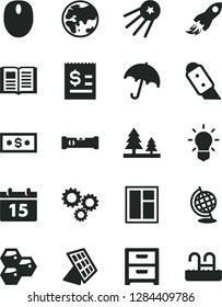Solid Black Vector Icon Set - window vector, construction level, knife, calendar, book, umbrella, nightstand, honeycombs, planet, forest, space rocket, three gears, article on the dollar, mouse