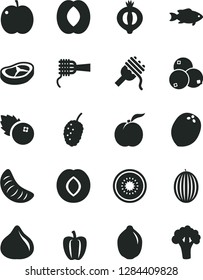 Solid Black Vector Icon Set - spaghetti vector, noodles, bacon, fish, blueberries, ripe peach, apple, plum, fig, half of medlar, tasty mulberry, melon, slice tangerine, lime, kiwi, coconut, broccoli