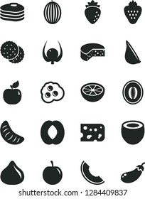 Solid Black Vector Icon Set - piece of cheese vector, garlic, omelette, strawberry, biscuit, pancakes, apricot, raspberry, fig, melon, slice, half peach, tangerine, tasty plum, coconut, grapefruit