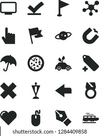 Solid Black Vector Icon Set - left direction vector, cross, add label, pennant, heart, index finger, umbrella, flag, pizza, environmentally friendly transport, horseshoe magnet, mouse, monitor