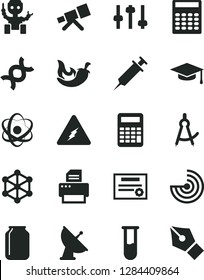 Solid Black Vector Icon Set - chili vector, jar, printer, test tube, telescope, electricity, atom, dna, settings, graduate hat, calculator, drawing compass, radar, robot, satellite antenna, syringe