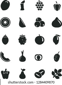 Solid Black Vector Icon Set - peper vector, garlic, coffee beans, pear, large grape, fig, blackberry, blueberries, tasty mulberry, slice of melon, mango, tangerine, half kiwi, tamarillo, coconut