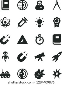 Solid Black Vector Icon Set - telescope vector, electricity, atom, bulb, book, magnet, scientist, drawing compass, earth core, medal, robot, rocket, lunar rover, biology, syringe, stopwatch, bang