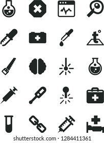Solid Black Vector Icon Set - mark of injury vector, spectacles, first aid kit, electronic thermometer e, bag a paramedic, arm saw, temperature, cardiogram, round flask, mercury, outdoor, test tube