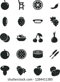 Solid Black Vector Icon Set - a chair for feeding child vector, canned goods, mini hot dog, mushroom, plate of fruit, barbecue, biscuit, cherry, grape, branch, red apple, tasty raspberry, date, plum