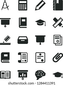 Solid Black Vector Icon Set - calculator vector, writing accessories, drawing, book, notebook, drawer, square academic hat, clip, scribed compasses, pencil, research article, scientific publication