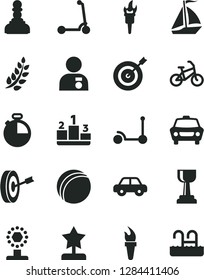 Solid Black Vector Icon Set - bath ball vector, motor vehicle, Kick scooter, child, timer, car, pedestal, flame torch, laurel branch, cup, gold, pawn, star reward, man with medal, target, purpose