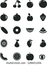 Solid Black Vector Icon Set - cucumber vector, strawberry, apple, pear, cherry, ripe peach, pomegranate, slice of melon, mango, half, water, tangerine, tasty plum, yellow lemon, passion fruit