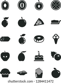 Solid Black Vector Icon Set - cake vector, sausage, piece of pizza, slices onion, slice, with a hole, fried potato, cone, blueberries, quince, tasty apple, blueberry, loquat, delicious plum, cherry