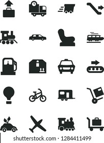 Solid Black Vector Icon Set - Baby chair vector, toy train, car, delivery, cardboard box, shipment, gas station, production conveyor, environmentally friendly transport, urgent cargo, limousine