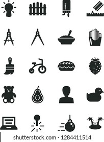 Solid Black Vector Icon Set - laptop vector, woman, baby duckling, small teddy bear, child bicycle, big core, wooden paint brush, drawing, hedge, electronic boiler, apple pie, fried potato slices