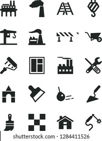 Solid Black Vector Icon Set - house vector, box of bricks, crane, hook, building trolley, trowel, window, small tools, paint roller, wooden brush, ladder, tile, putty knife, road fence, core