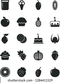 Solid Black Vector Icon Set - cake vector, muffin, torte, cone, jam, strawberries, a pineapple, biscuit, half pomegranate, grape, quince, raspberry, mulberry, tasty, sweet date fruit, of kiwi