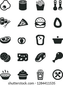Solid Black Vector Icon Set - plastic fork spoons vector, stick of sausage, piece cheese, tin, pizza, big burger, muffin, porridge in a saucepan, chicken leg, bacon, French fries, sushi set, biscuit