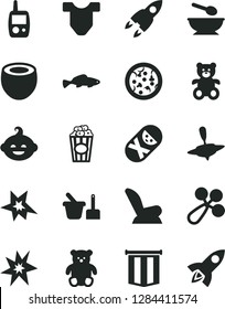 Solid Black Vector Icon Set - Child T shirt vector, baby rattle, car seat, tumbler, toy mobile phone, sand set, deep plate with a spoon, teddy bear, small, funny hairdo, yule, pizza, cup of popcorn