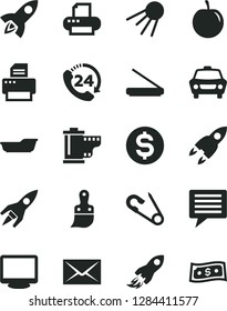 Solid Black Vector Icon Set - image of thought vector, envelope, camera roll, open pin, bath, plastic brush, car, 24, artificial satellite, tasty plum, space rocket, dollar, monitor, printer