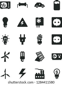 Solid Black Vector Icon Set - lightning vector, danger of electricity, saving light bulb, power socket type f, charge level, windmill, wind energy, electric plug, industrial building, mercury, idea