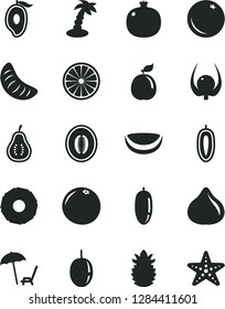Solid Black Vector Icon Set - orange vector, pomegranate, fig, half of mango, melon, date fruit, slice tangerine, passion, sweet, guava, piece coconut, ripe pineapple, grapefruit, part, physalis