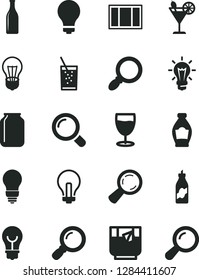 Solid Black Vector Icon Set - matte light bulb vector, incandescent lamp, window frame, magnifier, a glass of soda, tea, cocktail, bottle, liquor, jar, zoom
