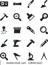 Solid Black Vector Icon Set - graphite pencil vector, zoom, out, wind direction indicator, trowel, building, cordless drill, construction level, putty knife, stationery, hammer, with claw, magnifier