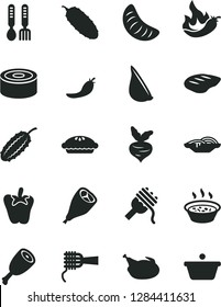 Solid Black Vector Icon Set - iron fork spoons vector, canned goods, slices of onion, spaghetti, noodles, pie, porridge in a saucepan, chicken, thigh, grill leg, chop, cucumber, peper, garlic, hot