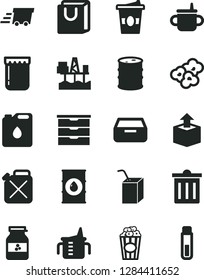 Solid Black Vector Icon Set - bin vector, storage unit, mug for feeding, measuring cup, packing of juice with a straw, drawer, bag handles, unpacking, popcorn, coffe to go, jam, jar, oil, barrel