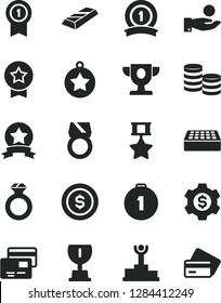 Solid Black Vector Icon Set - brick vector, cards, coins, catch a coin, winner podium, prize, award, star medal, first place, with pennant, ribbon, hero, diamond ring, gold, bar, dollar, gear