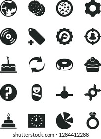 Solid Black Vector Icon Set - renewal vector, add label, question, roly poly doll, birthday cake, cogwheel, star gear, CD, pizza, muffin, with a hole, biscuit, planet, man in sight, pie charts, dna