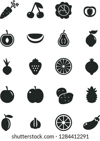 Solid Black Vector Icon Set - beet vector, strawberry, cherry, apple, squash, quince, medlar, tasty plum, half, lemon, juicy, of orange, piece coconut, ripe pineapple, part guava, tomato, garlic