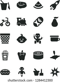 Solid Black Vector Icon Set - wicker pot vector, tumbler, toy sand set, children's, potty, funny hairdo, train, small yule, child bicycle, canned goods, apple pie, piece of meat, peper, cup popcorn